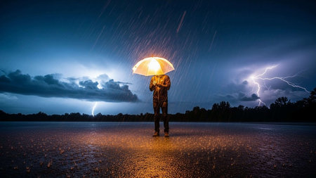 Man in raincoat with umbrella and lightning on background. Mixed media