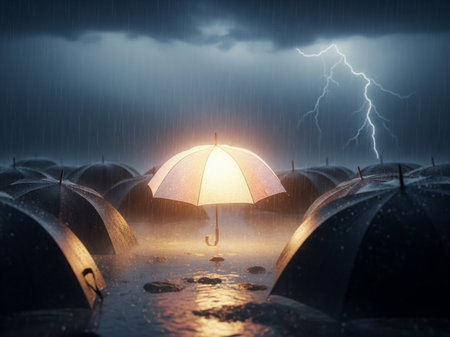 Conceptual image with umbrella and thunderclouds. Mixed mediaの写真素材