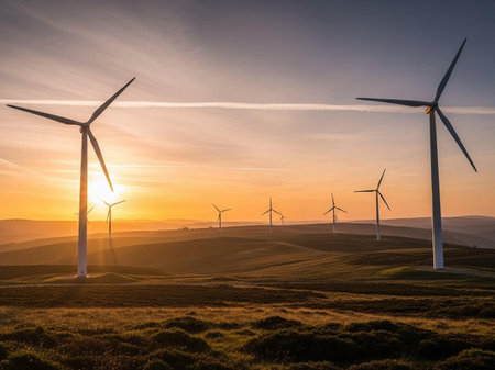 Wind turbines at sunset. Alternative energy source. Windmill farm.