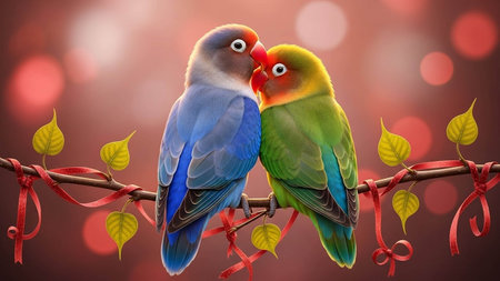 Two lovebirds on a branch with red ribbons. Valentine's day background.
