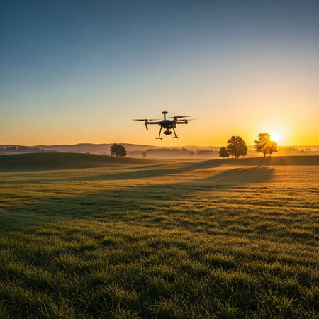 Drone quadcopter with digital camera flying over green field at sunrise