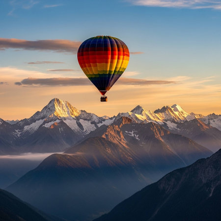 Hot air balloon flying over the mountains at sunrise. Beautiful landscape.の写真素材