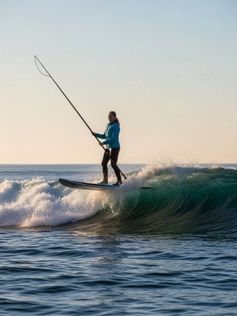 Surfer on a beautiful sunny day at sunrise in the Atlantic Ocean