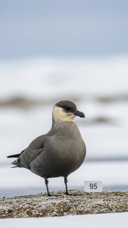 Black-browed skua, Phalacrocorax melanoleucus, single bird on snow, Falkland Islandsの写真素材