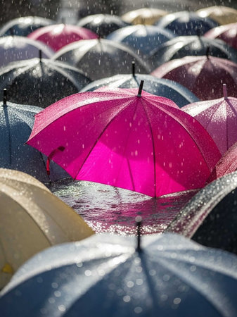 Colorful umbrellas in the rain. Shallow depth of field.