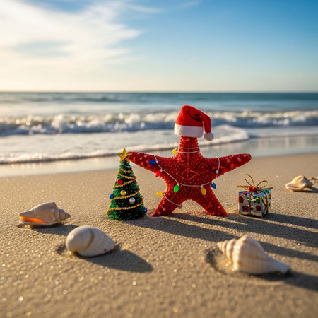 Santa Claus with Christmas tree on the beach. Christmas and New Year concept.の写真素材