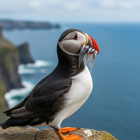 Atlantic puffin (Fratercula arctica) on the cliffs of the Faroe Islandsの写真素材