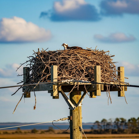 A stork nest on a post in the middle of a field