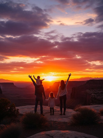 Happy mother and daughter enjoying sunset in Canyonlands National Park, Utah, USAの写真素材