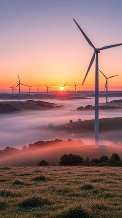 An image of wind turbines on a foggy sunrise in the countryside