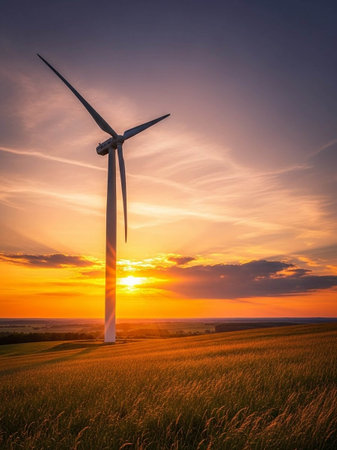 Wind turbines at sunset, Zaragoza Province, Aragon, Spain.