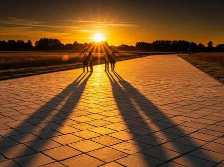 Silhouettes of a family walking in the park at sunset.の写真素材