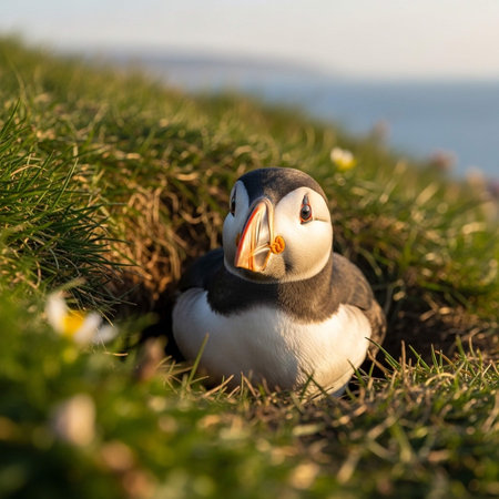 Atlantic puffin (Fratercula arctica) in the nestの写真素材