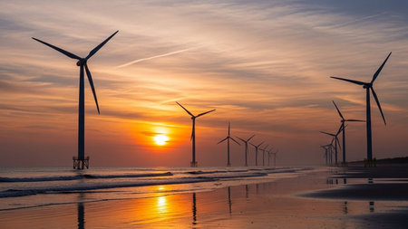 Wind turbines on the beach at sunset, renewable energy source in Netherlandsの写真素材