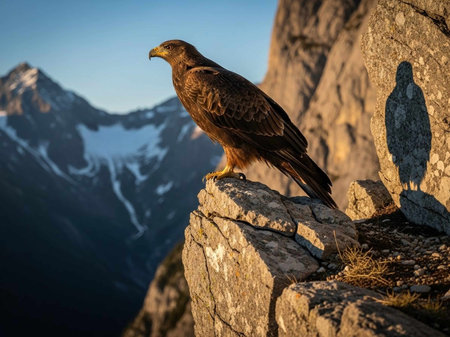 Golden eagle on the top of a rock in the mountains at sunset