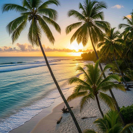 Aerial view of beautiful tropical beach with coconut palm tree at sunset time