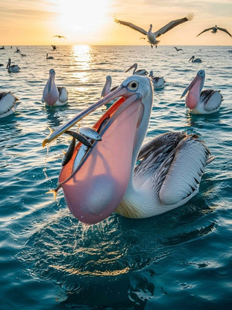 Pelicans in the sea at sunset, Seychelles