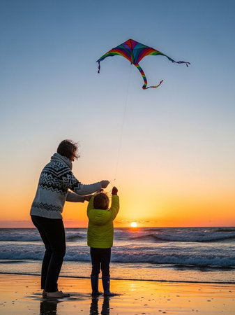 Mother and daughter with kite on the beach at sunset. Concept of friendly family.