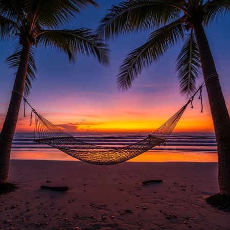 Hammock on beautiful tropical beach at sunset time - Holiday Vacation concept