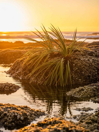 Tropical plant on the beach at sunset. Beautiful natural background.