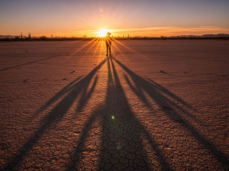 Silhouette of a man at sunset in the salt desert.