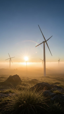 An image of windturbines in a foggy field at sunrise