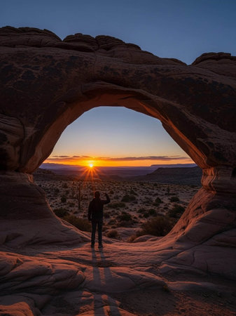 Hiker in Arches National Park at sunset, Utah, USAの写真素材