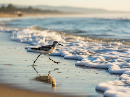 Little Sandpiper walking on the beach in the morning light.の写真素材