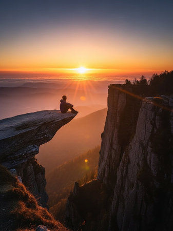 Man sitting on the edge of a cliff and enjoying the sunrise.