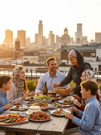 Multi-ethnic group of friends having dinner together on rooftop with New York view