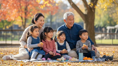 Happy asian family enjoying picnic in the park in autumn season.の写真素材