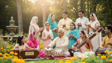 family playing musical instruments in garden at home during eid mubarak