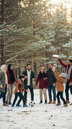 group of happy friends taking selfie with smartphone in snowy park during winterの写真素材