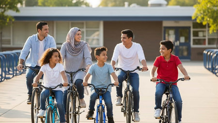 Happy multiethnic family riding bikes together on a sunny summer day