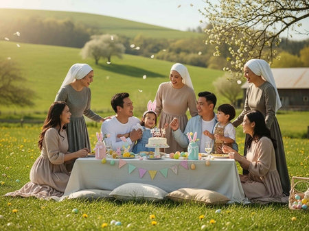 Happy family celebrating outdoors. Mother, father, son and daughter sitting at table with cake and...