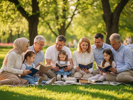 family, childhood, leisure and people concept - happy family reading book in summer parkの写真素材