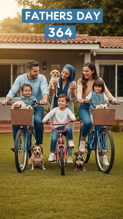 Happy family with two children and dogs on bicycles