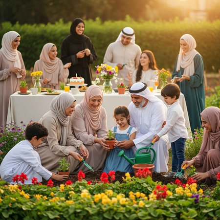 Muslim family planting flowers in the garden. Muslim family spending time together.
