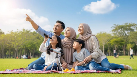 Happy asian muslim family sitting on the grass in the park