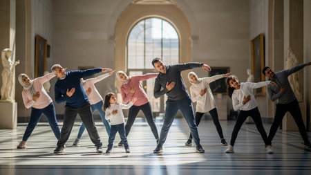 Group of young people practicing contemporary dance in the hall of the universityの写真素材