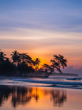 Tropical beach with palm trees at beautiful sunset, Sri Lanka