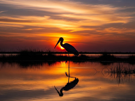 Silhouette of a stork at sunset in the lake.の写真素材