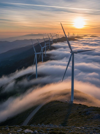 Wind turbines in the clouds at sunriseの写真素材