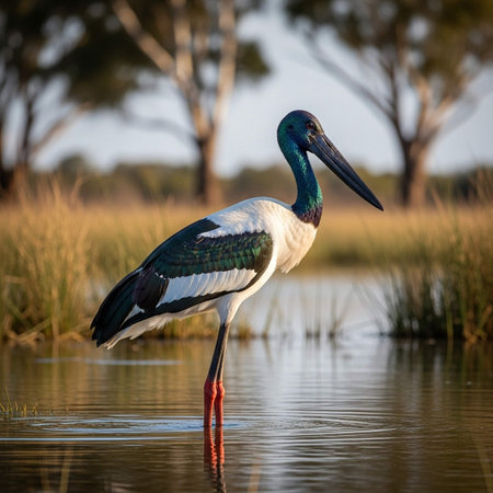 Black necked stork, Ciconia nigra, single bird in water, South Africaの写真素材