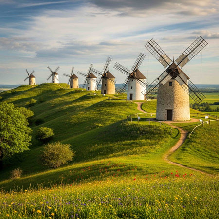 Windmills in the countryside of Castilla la Mancha, Spainの写真素材