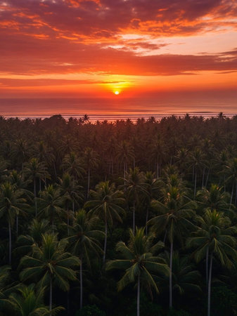 Aerial view of coconut palm tree plantation at sunset in Bali, Indonesiaの写真素材