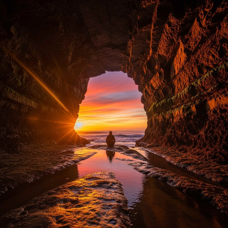 Beautiful sunset over the sea in the cave. Colorful summer landscape.の写真素材