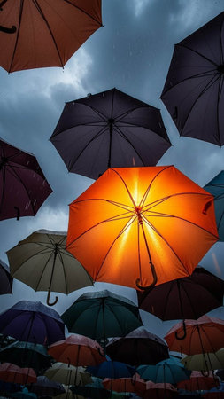 Colorful umbrellas urban street decoration. Hanging colorful umbrellas over blue sky, sunny dayの写真素材