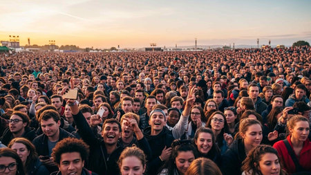 People gather outside building for Women's Fashion Week in Milan.の写真素材