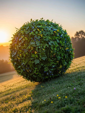 Decorative ball made of leaves and flowers in the garden at sunsetの写真素材